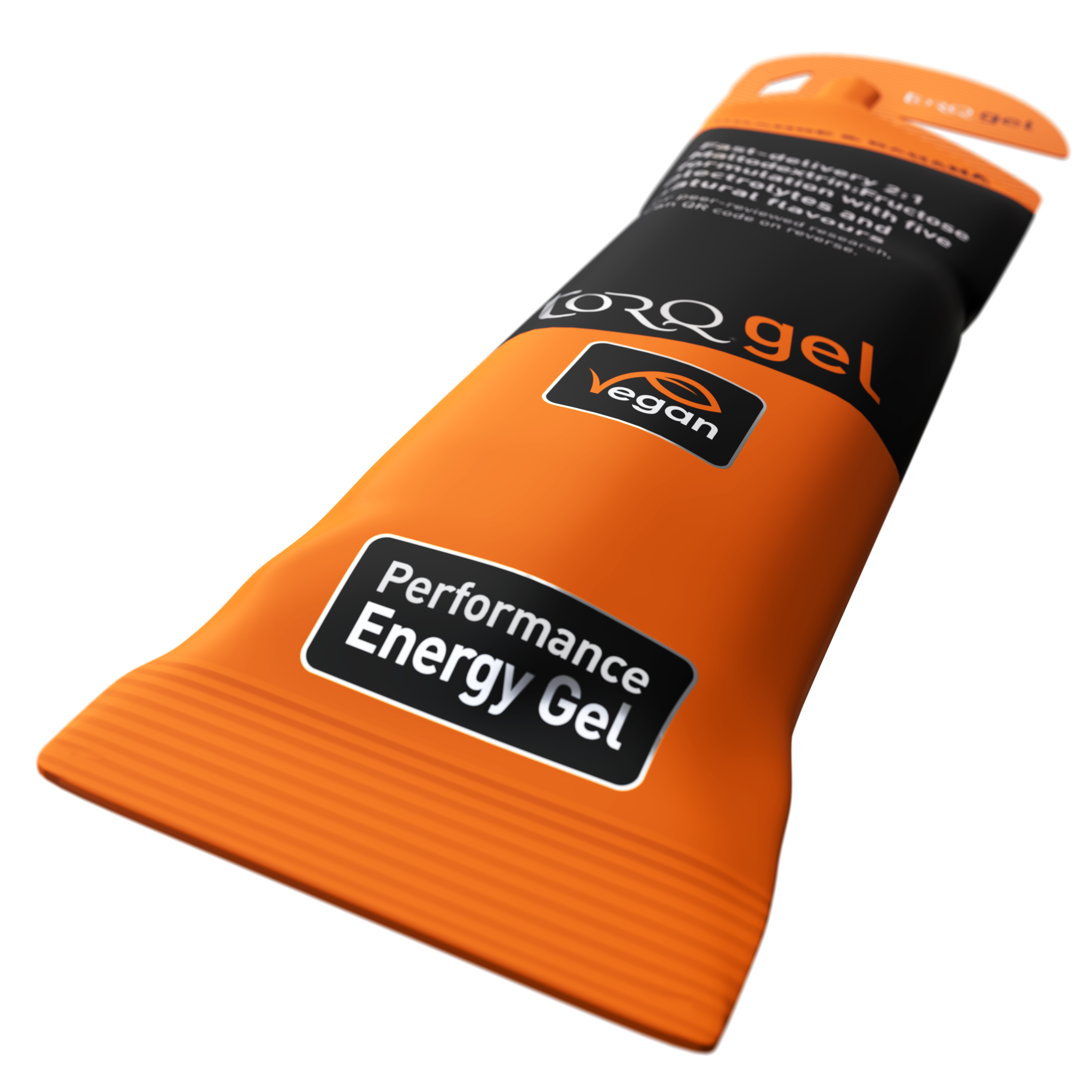 Underifrån TORQ energigel med smak av apelsin och banan för löpning, cykling och triathlon